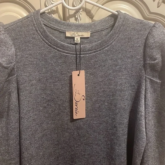 Les Serein Metallic Silver and Gray Puff Sleeve Sweater Size M - Picture 4 of 6